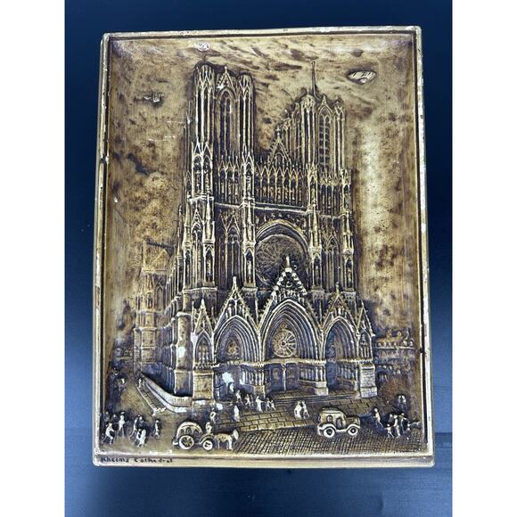 Ivorex Osborne Plaque Rheims Cathedral Made In England VTG Stone - Picture 1 of 10